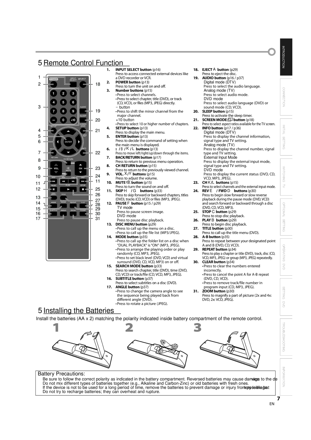 Sylvania LD370SS8 owner manual 5Remote Control Function, 5Installing the Batteries 