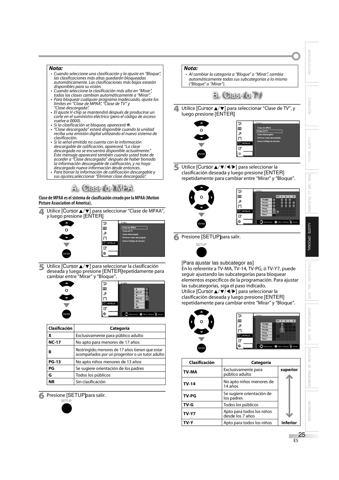 Sylvania LD370SS8 owner manual Clase de Mpaa, Clase de TV, Para ajustar las subcategorías 