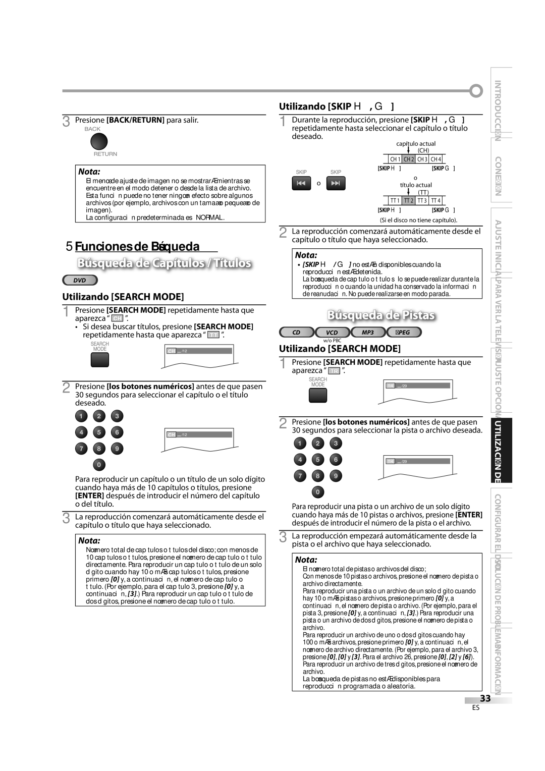 Sylvania LD370SS8 owner manual 5Funciones de Búsqueda, Búsqueda de Pistas, Utilizando Search Mode, Utilizando Skip H, G 