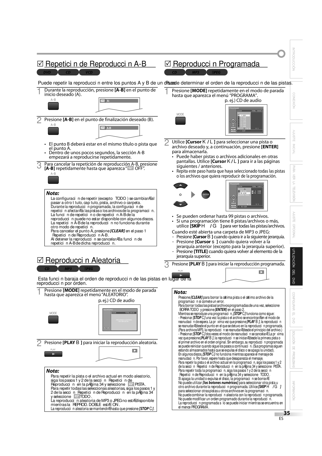 Sylvania LD370SS8 owner manual 5Reproducción Aleatoria, Reproducción Programada, Programación si comete un error 