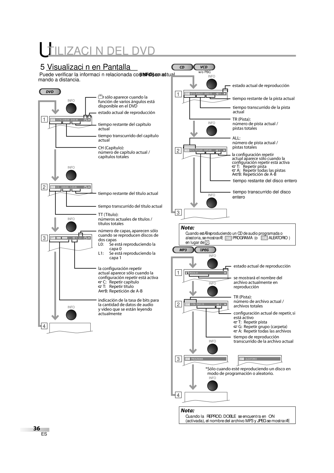 Sylvania LD370SS8 owner manual 5Visualización en Pantalla, Tiempo restante del título actual 