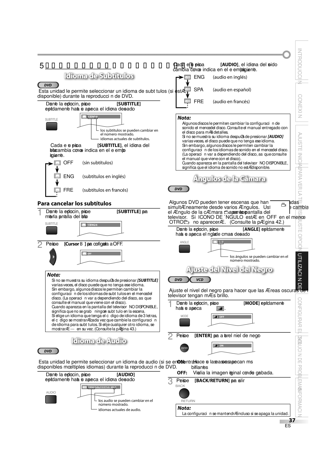 Sylvania LD370SS8 5Ajustes Especiales, Idioma de Subtítulos, Idioma de Audio, Para cancelar los subtítulos, Eng 