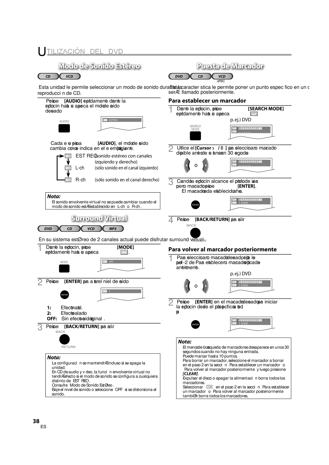 Sylvania LD370SS8 owner manual Modo de Sonido Estéreo, Surround Virtual, Para establecer un marcador 