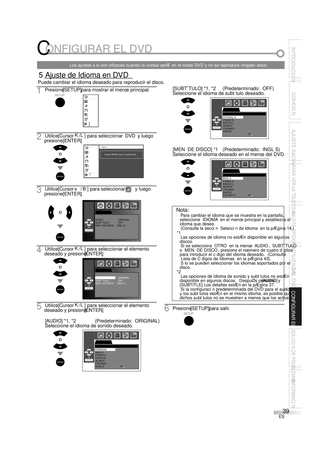 Sylvania LD370SS8 Configurar EL DVD, 5Ajuste de Idioma en DVD, Puede cambiar el idioma deseado para reproducir el disco 