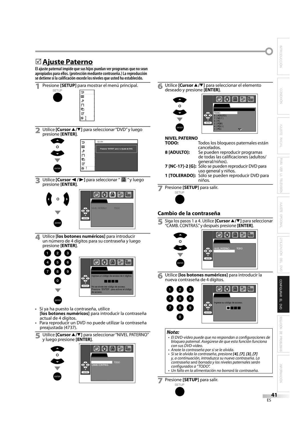 Sylvania LD370SS8 owner manual 5Ajuste Paterno, Cambio de la contraseña, Adulto 