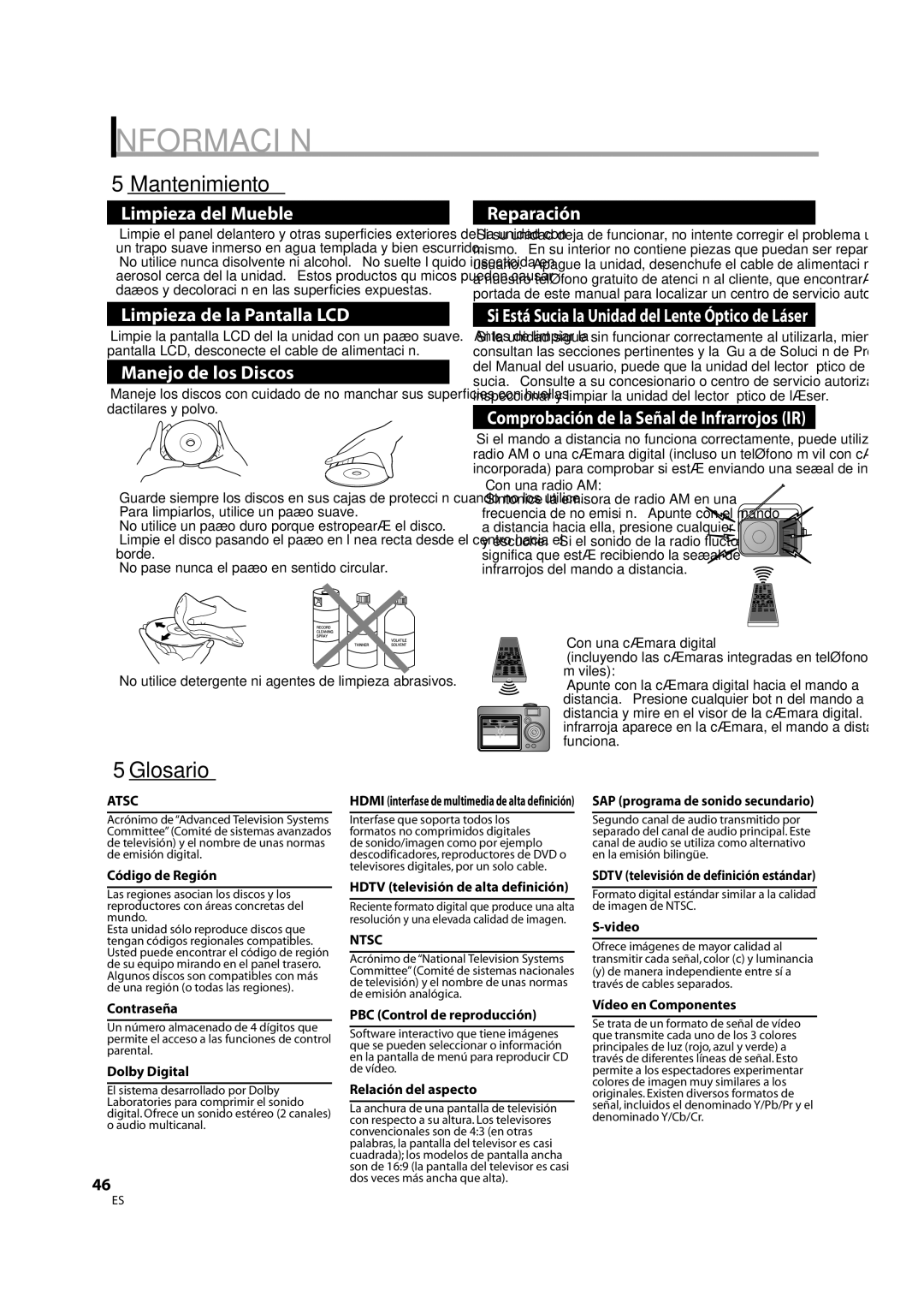 Sylvania LD370SS8 owner manual Información, Mantenimiento, Glosario 