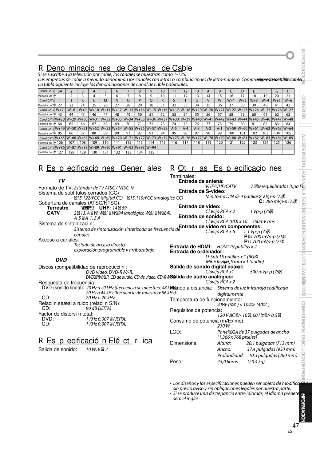 Sylvania LD370SS8 owner manual 5Denominaciones de Canales de Cable, 5Especificaciones Generales, 5Especificación Eléctrica 