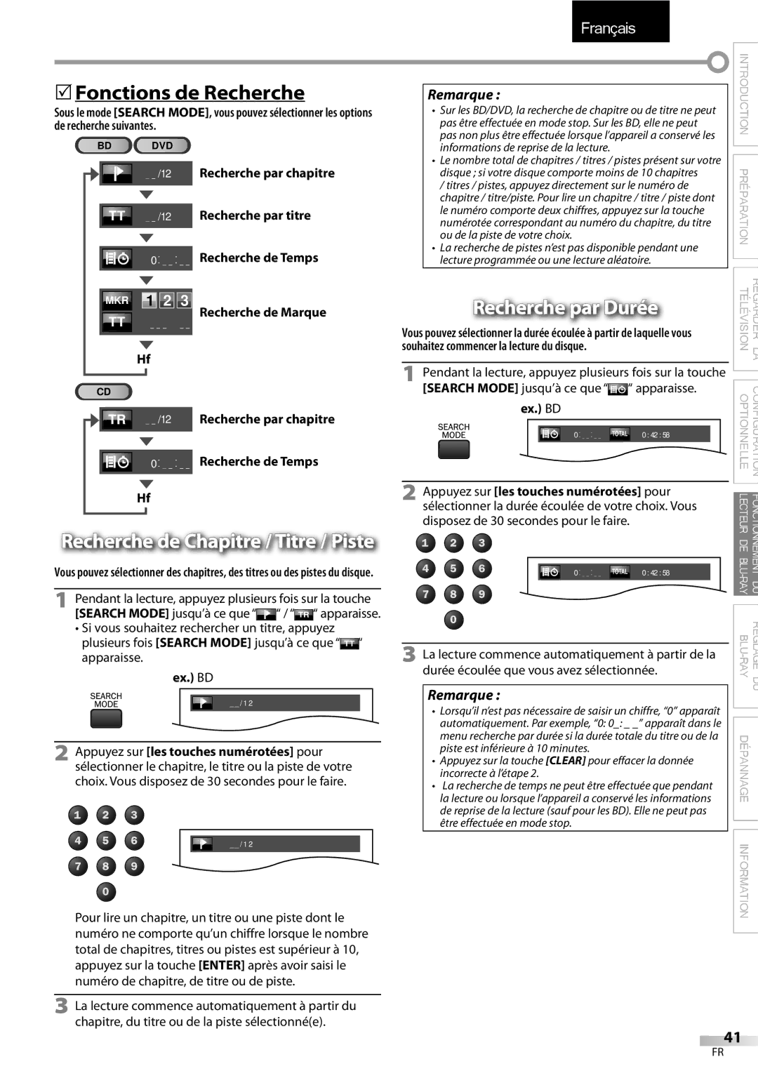 Sylvania LD427SSX 5Fonctions de Recherche, Recherche par Durée, Recherche par chapitre TT /12 Recherche par titre 