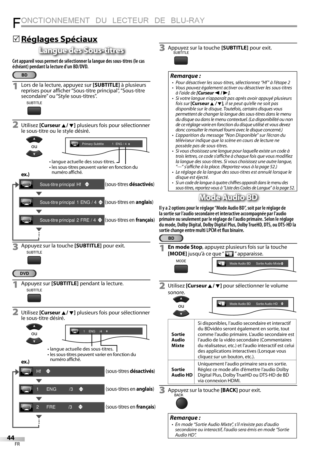 Sylvania LD427SSX owner manual 5Réglages Spéciaux, Langue des Sous-titres, Mode Audio BD 