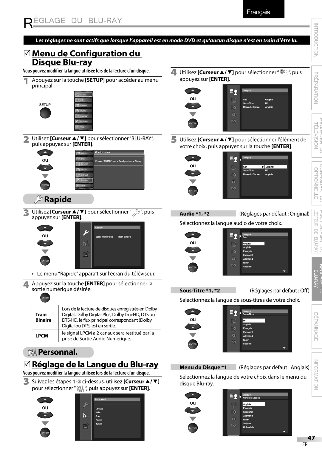Sylvania LD427SSX owner manual Réglage DU BLU-RAY, 5Menu de Configuration du Disque Blu-ray, Rapide 