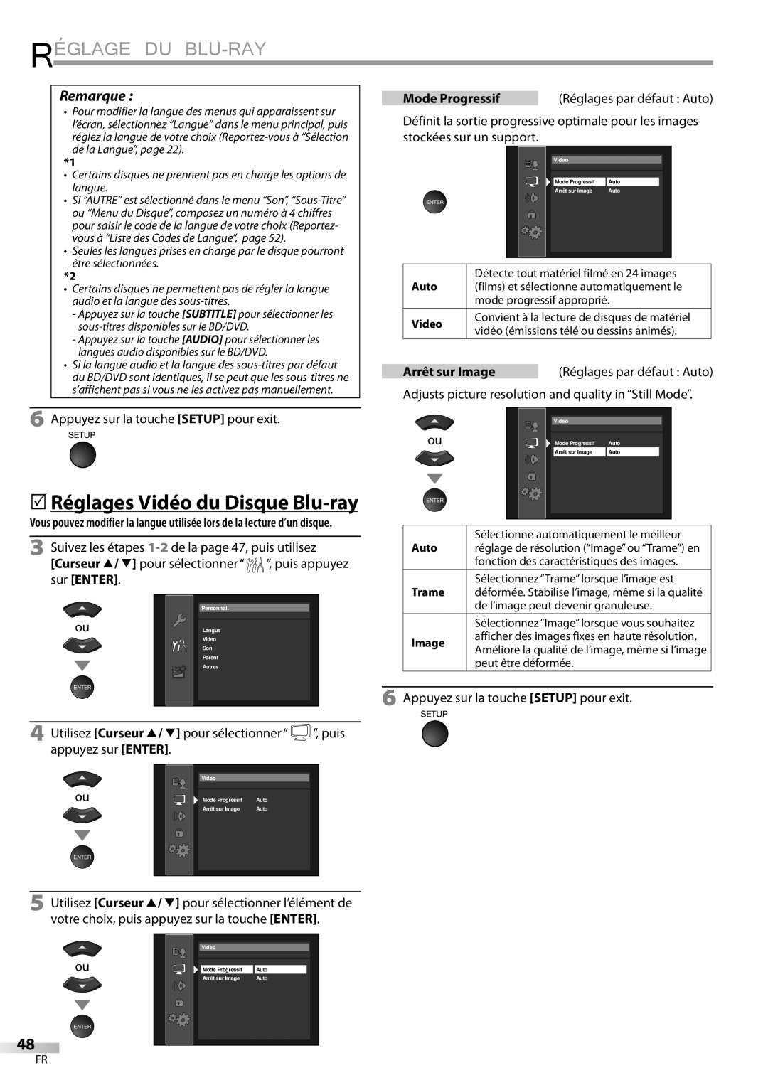 Sylvania LD427SSX owner manual Appuyez sur la touche Setup pour exit, Mode Progressif, Arrêt sur Image 
