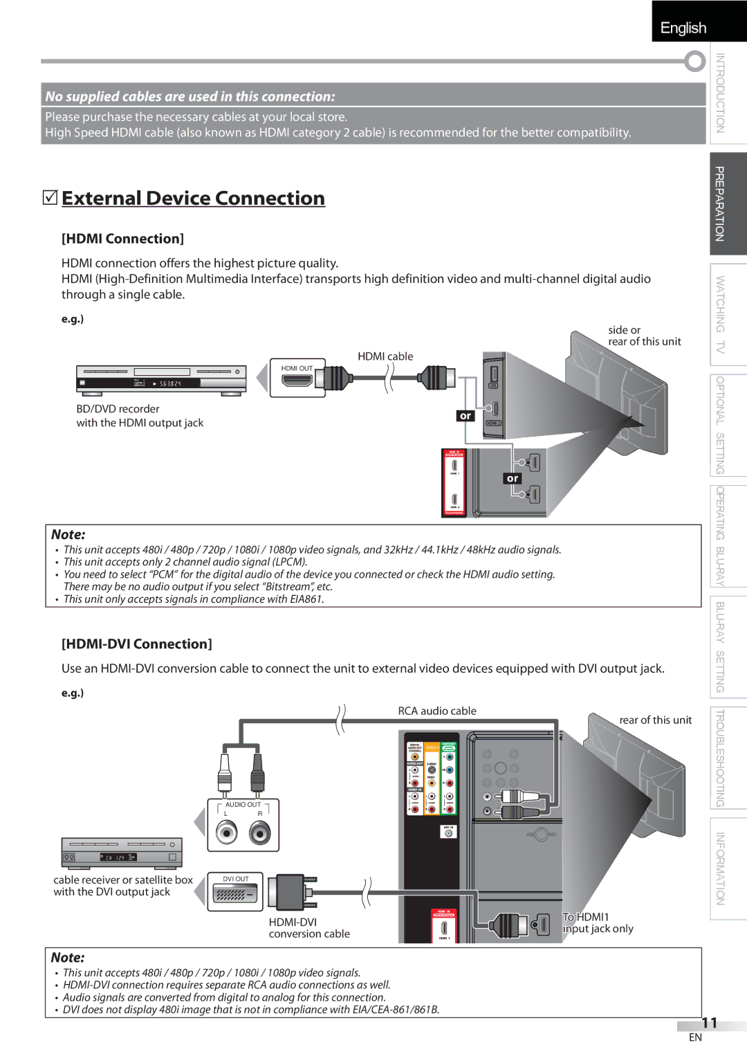 Sylvania LD427SSX owner manual  External Device Connection, Hdmi Connection, HDMI-DVI Connection 