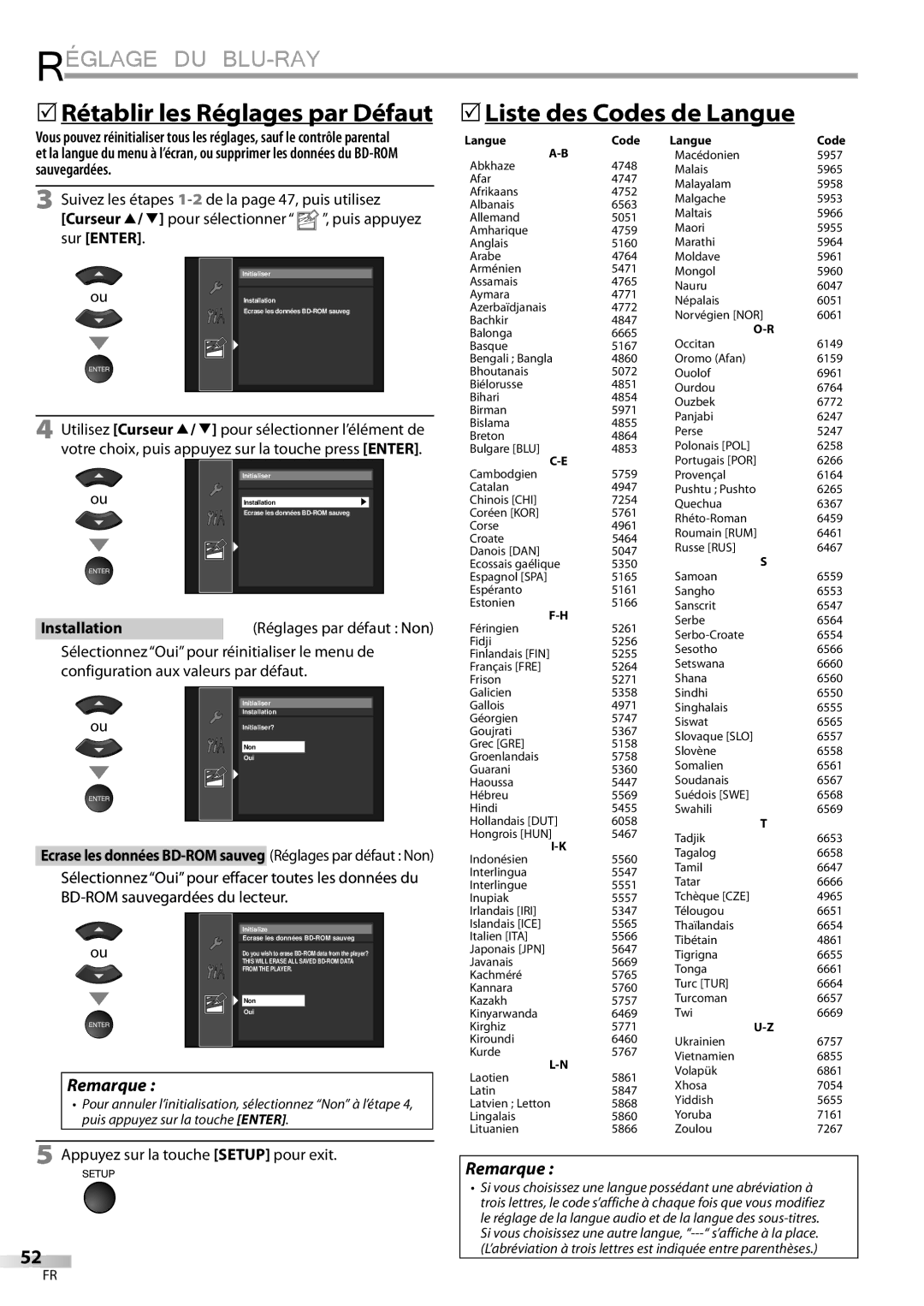 Sylvania LD427SSX owner manual 5Liste des Codes de Langue, InstallationRéglages par défaut Non 