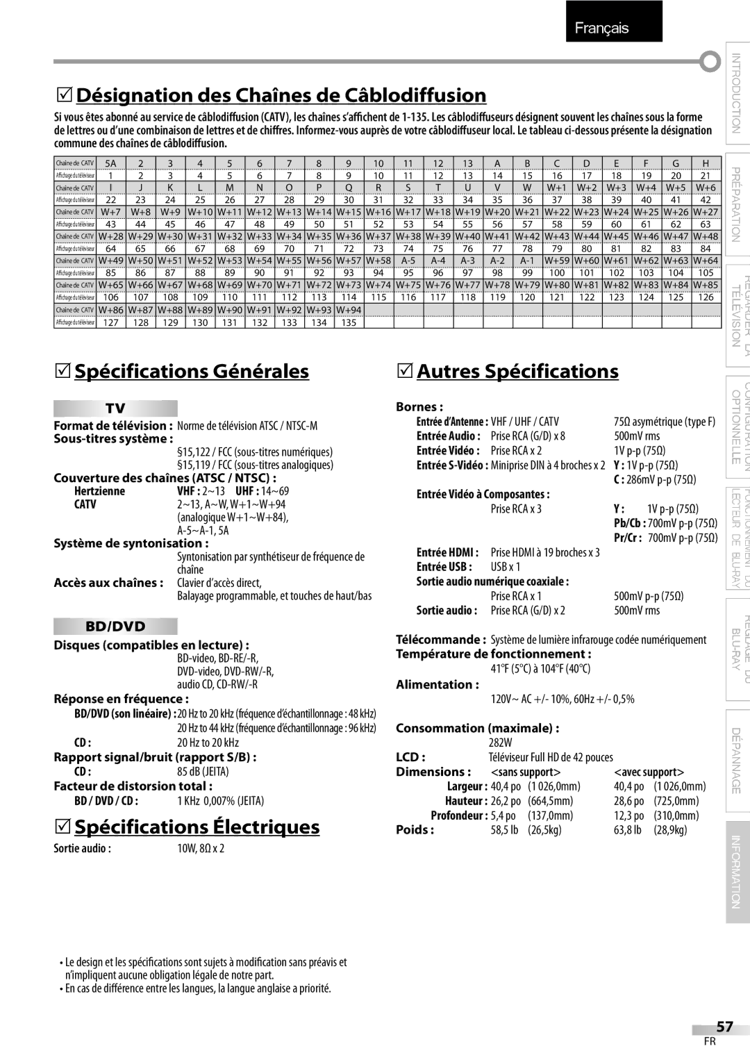 Sylvania LD427SSX 5Désignation des Chaînes de Câblodiffusion, 5Spécifications Générales, 5Autres Spécifications 