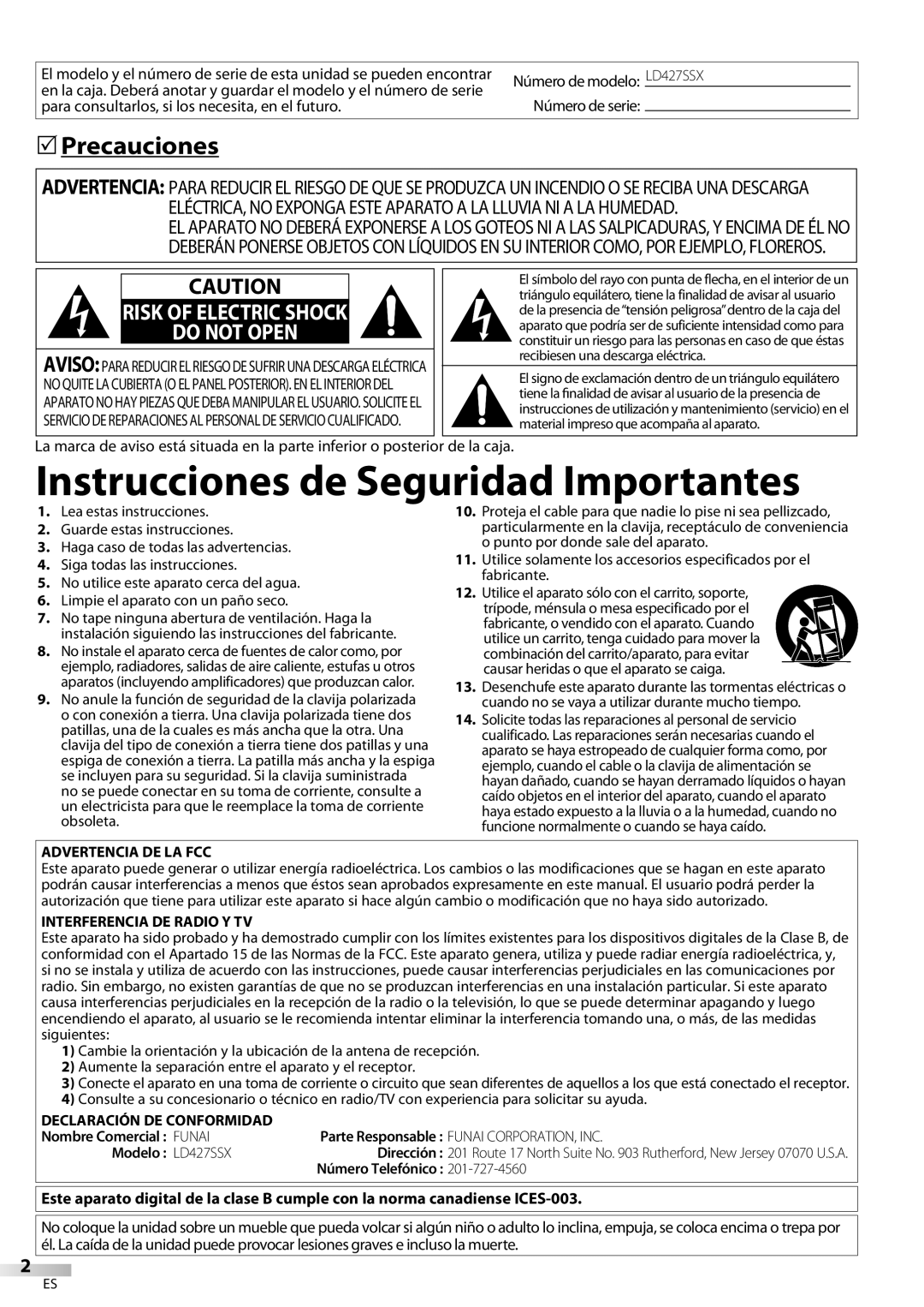 Sylvania LD427SSX Precauciones, Para consultarlos, si los necesita, en el futuro, Recibiesen una descarga eléctrica 