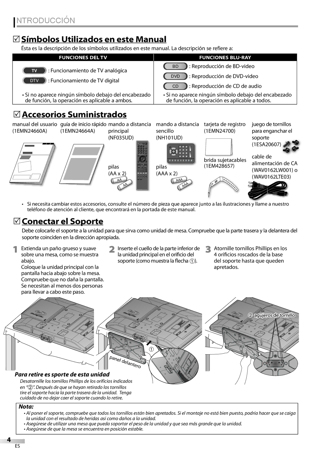 Sylvania LD427SSX Introducción, 5Símbolos Utilizados en este Manual, 5Accesorios Suministrados, 5Conectar el Soporte 