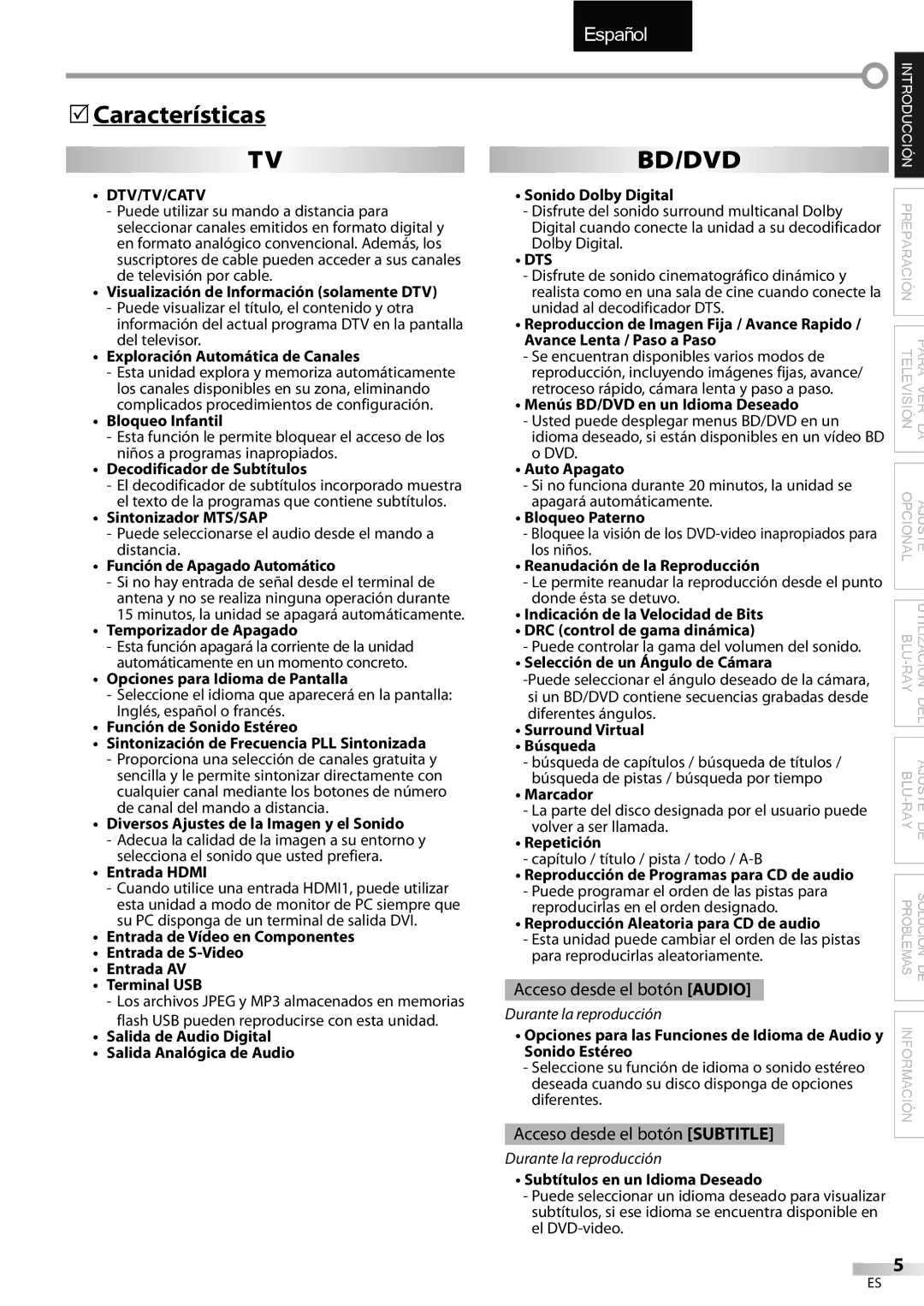 Sylvania LD427SSX owner manual Características, Dts 