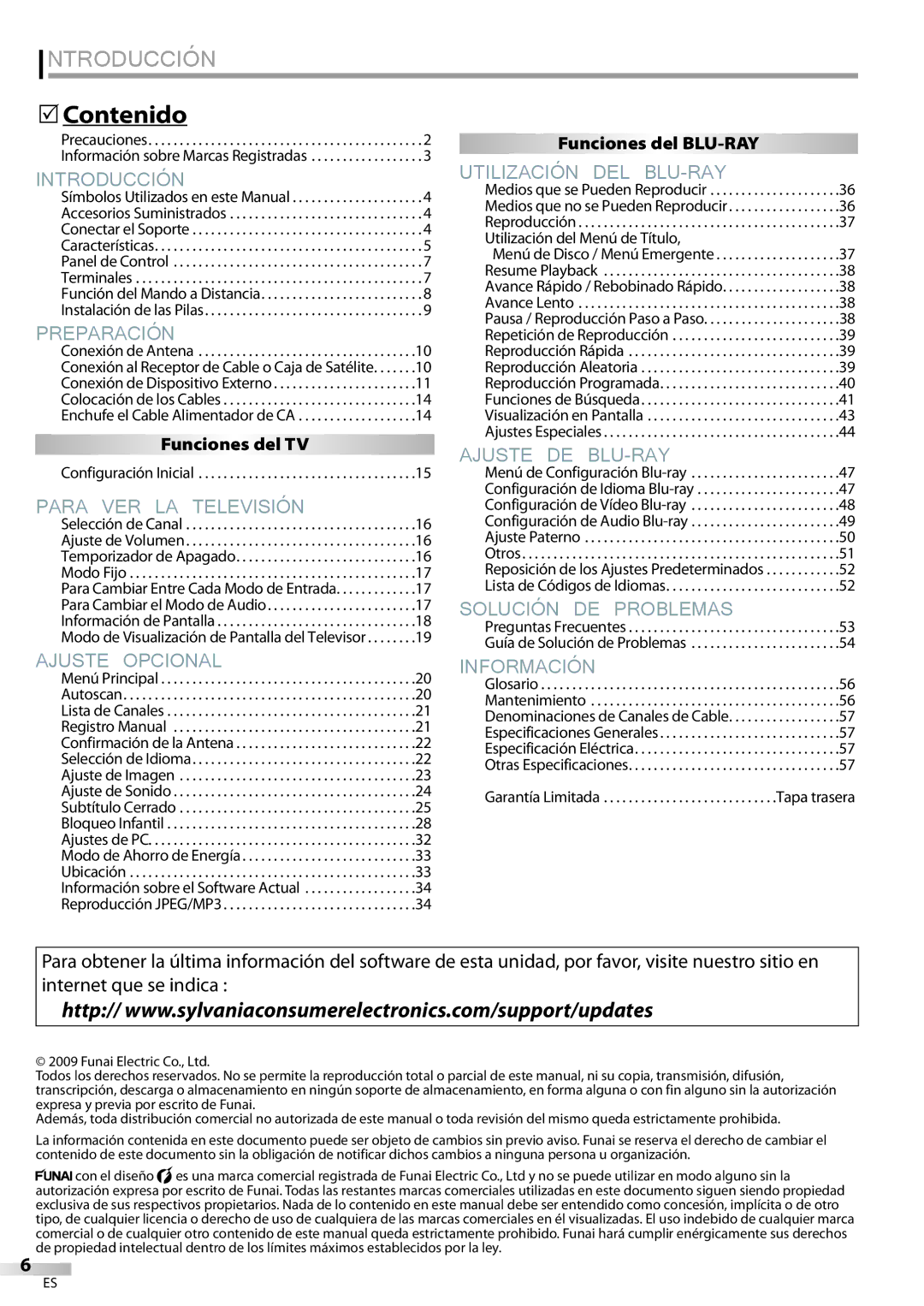 Sylvania LD427SSX owner manual Contenido, Funciones del TV Funciones del BLU-RAY 