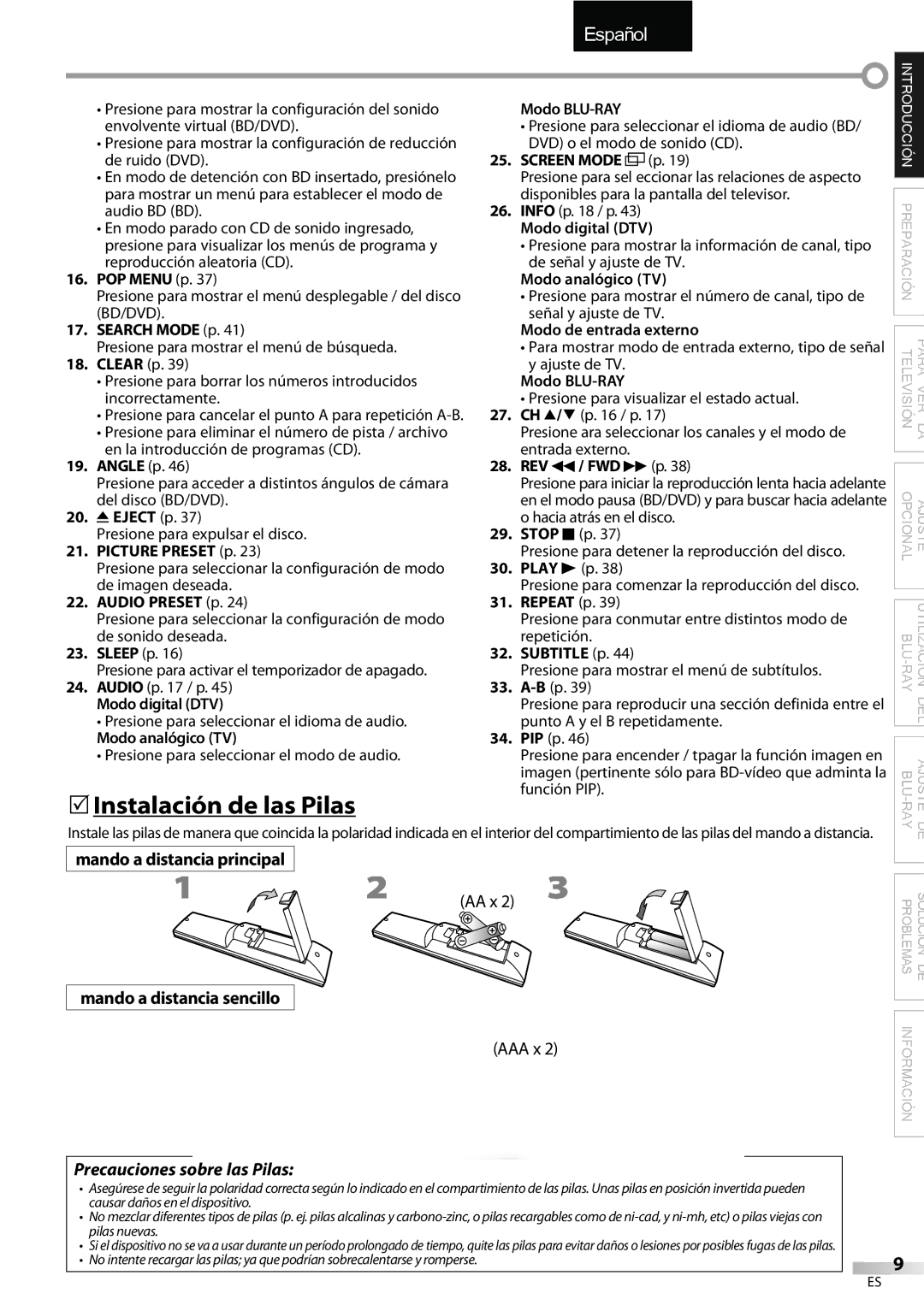 Sylvania LD427SSX owner manual 5Instalación de las Pilas, Mando a distancia principal, Precauciones sobre las Pilas 