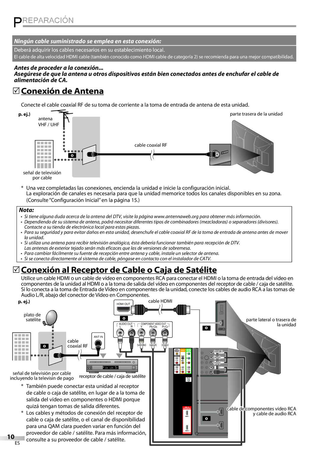 Sylvania LD427SSX owner manual Preparación, 5Conexión de Antena, 5Conexión al Receptor de Cable o Caja de Satélite 