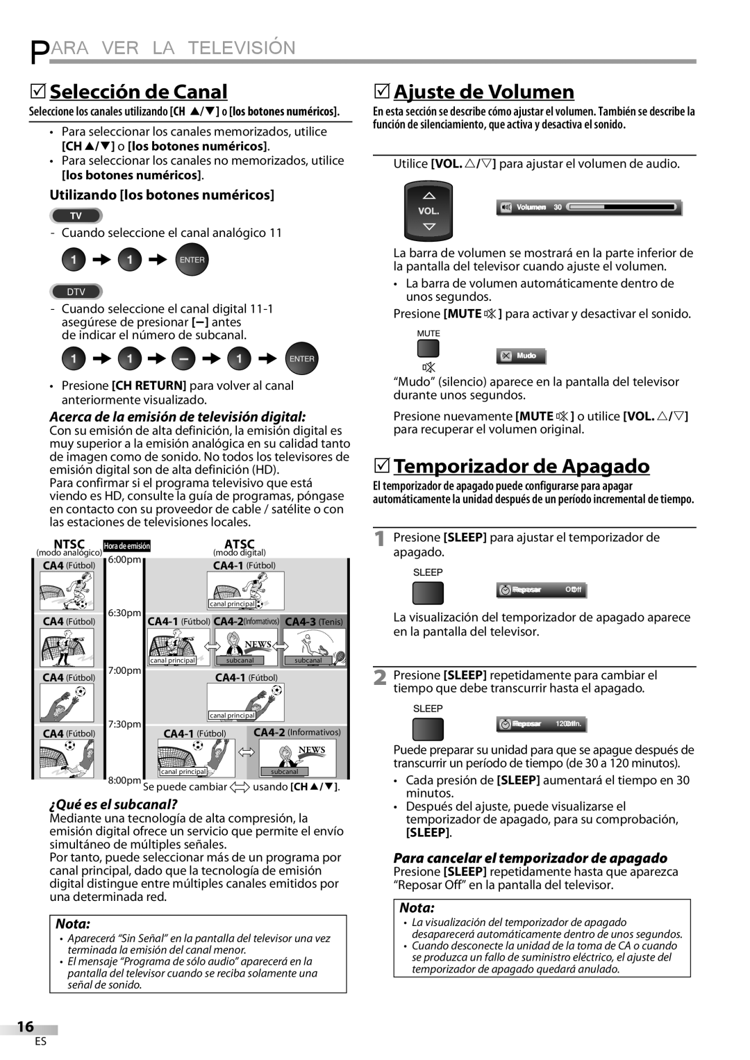 Sylvania LD427SSX owner manual Para VER LA Televisión, 5Selección de Canal, 5Ajuste de Volumen, 5Temporizador de Apagado 