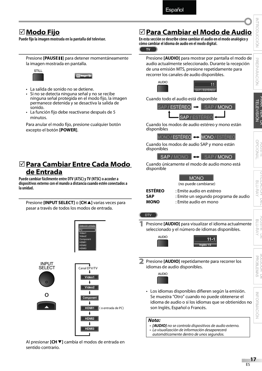 Sylvania LD427SSX owner manual 5Modo Fijo, 5Para Cambiar Entre Cada Modo de Entrada, Estéreo 