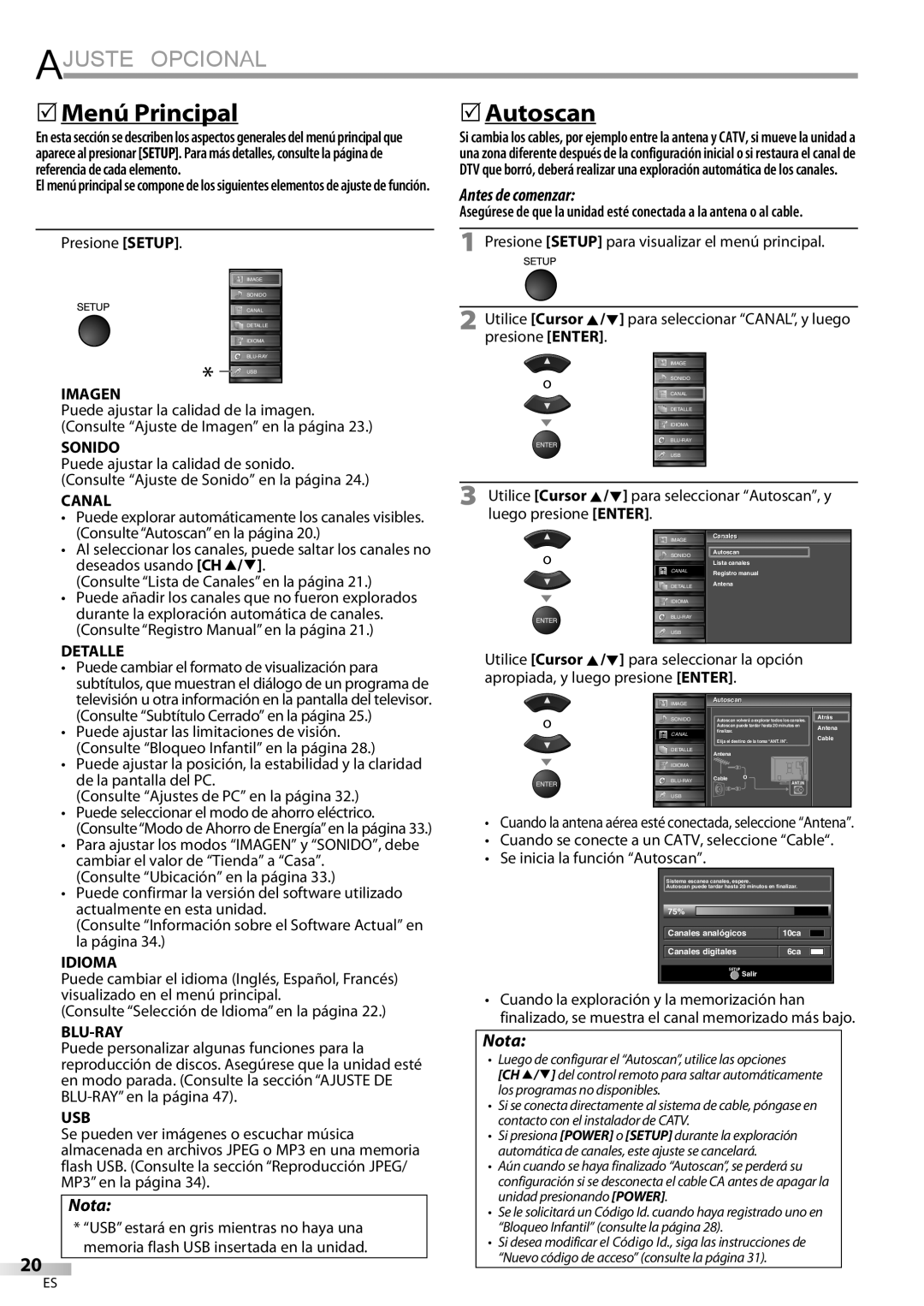 Sylvania LD427SSX owner manual Ajuste Opcional, 5Menú Principal 