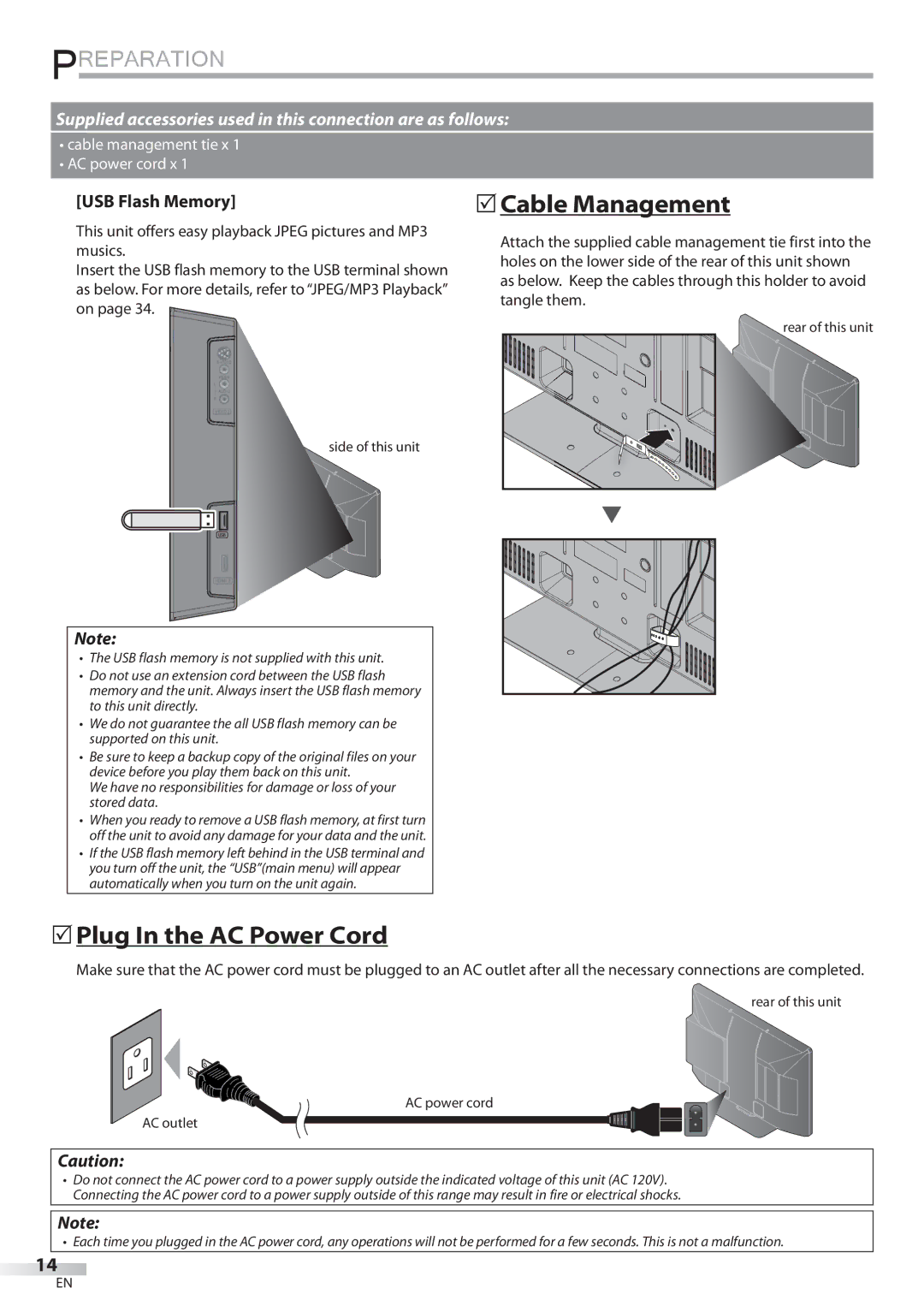 Sylvania LD427SSX owner manual  Cable Management,  Plug In the AC Power Cord, USB Flash Memory 