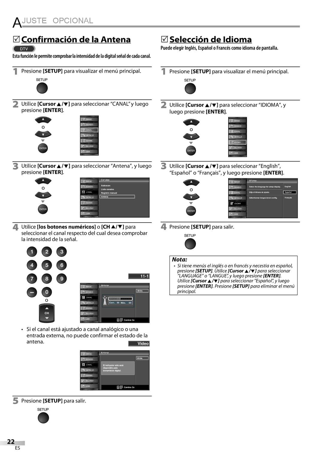 Sylvania LD427SSX owner manual 5Confirmación de la Antena 5Selección de Idioma, Utilice los botones numéricos o CH K/L para 