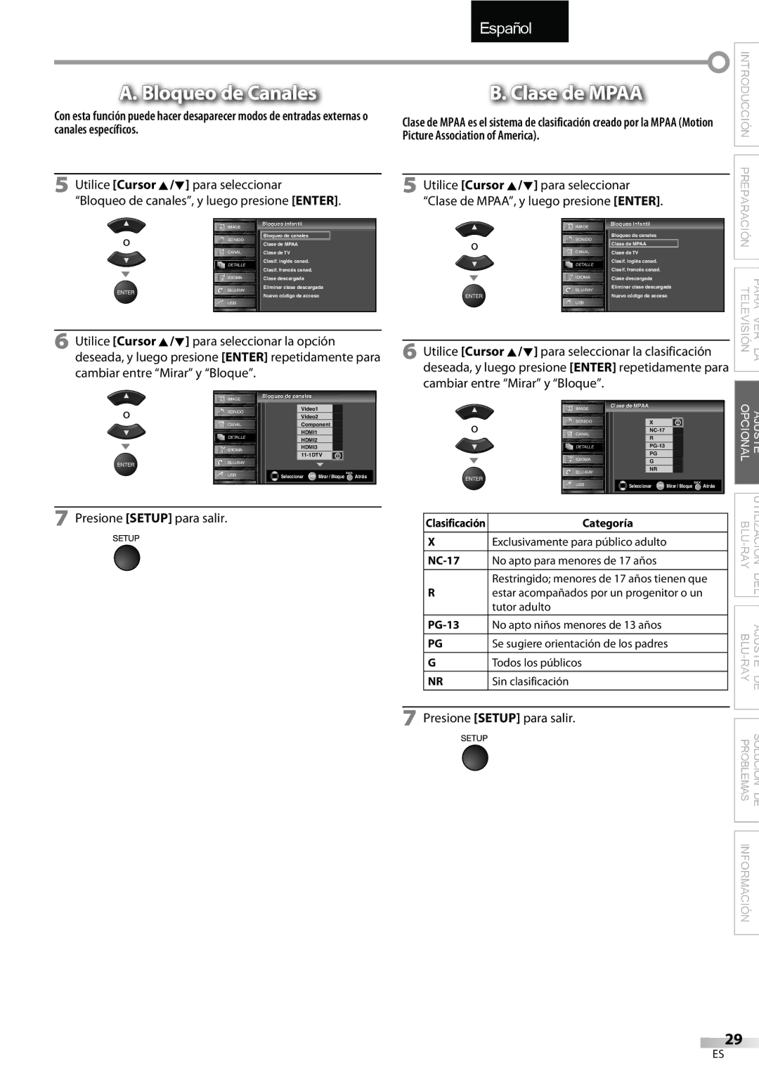 Sylvania LD427SSX Bloqueo de Canales, Clase de Mpaa, Utilice Cursor K/L para, Seleccionar la clasificación, Categoría 