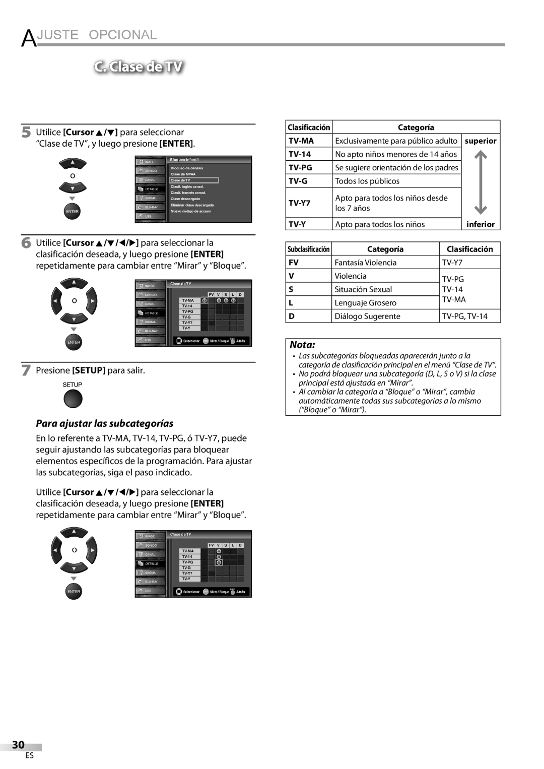 Sylvania LD427SSX owner manual Clase de TV, Para ajustar las subcategorías, Todos los públicos, Apto para todos los niños 