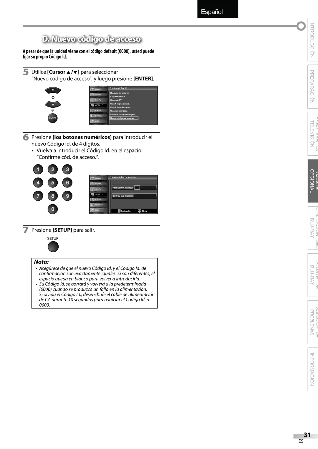 Sylvania LD427SSX owner manual Nuevo código de acceso, Utilice Cursor K/L para seleccionar 