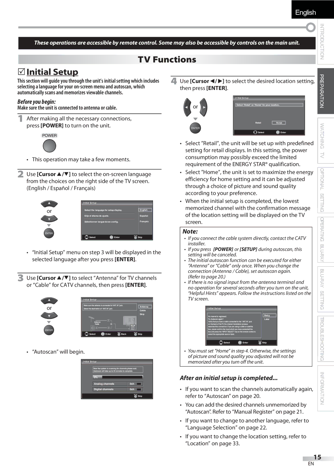 Sylvania LD427SSX owner manual TV Functions,  Initial Setup, Make sure the unit is connected to antenna or cable 