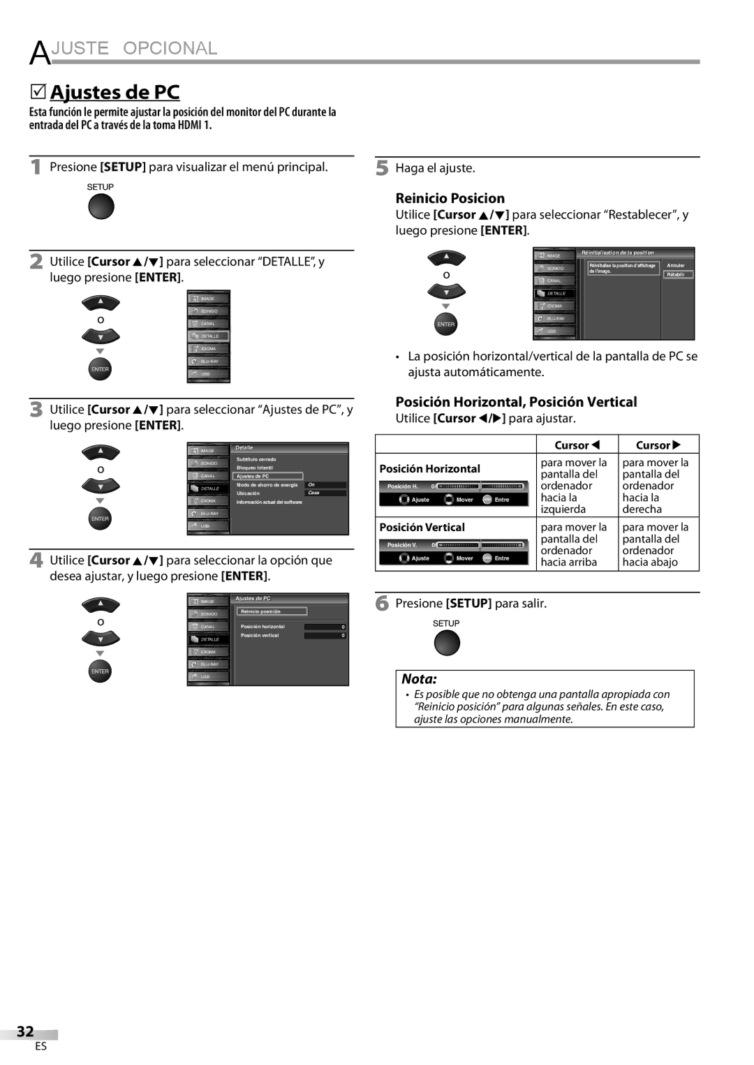 Sylvania LD427SSX owner manual 5Ajustes de PC, Reinicio Posicion, Posición Horizontal, Posición Vertical, Haga el ajuste 