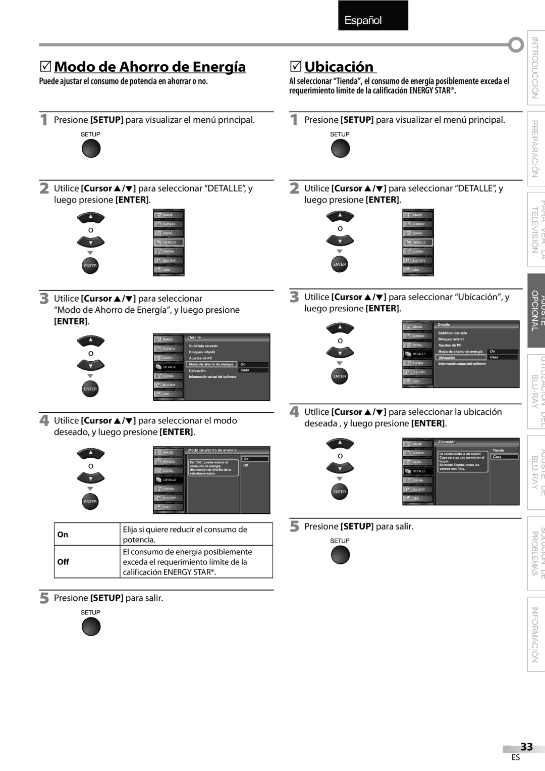 Sylvania LD427SSX owner manual 5Modo de Ahorro de Energía, 5Ubicación, Puede ajustar el consumo de potencia en ahorrar o no 