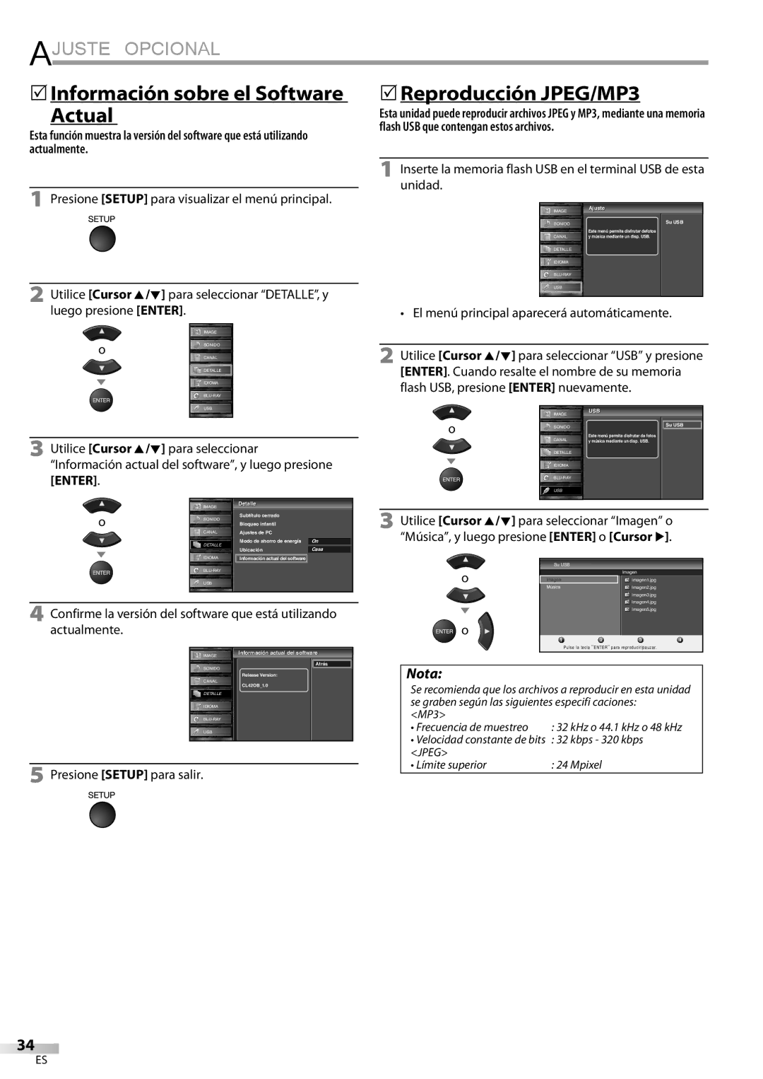 Sylvania LD427SSX owner manual 5Información sobre el Software Actual, 5Reproducción JPEG/MP3, Ajuste j 