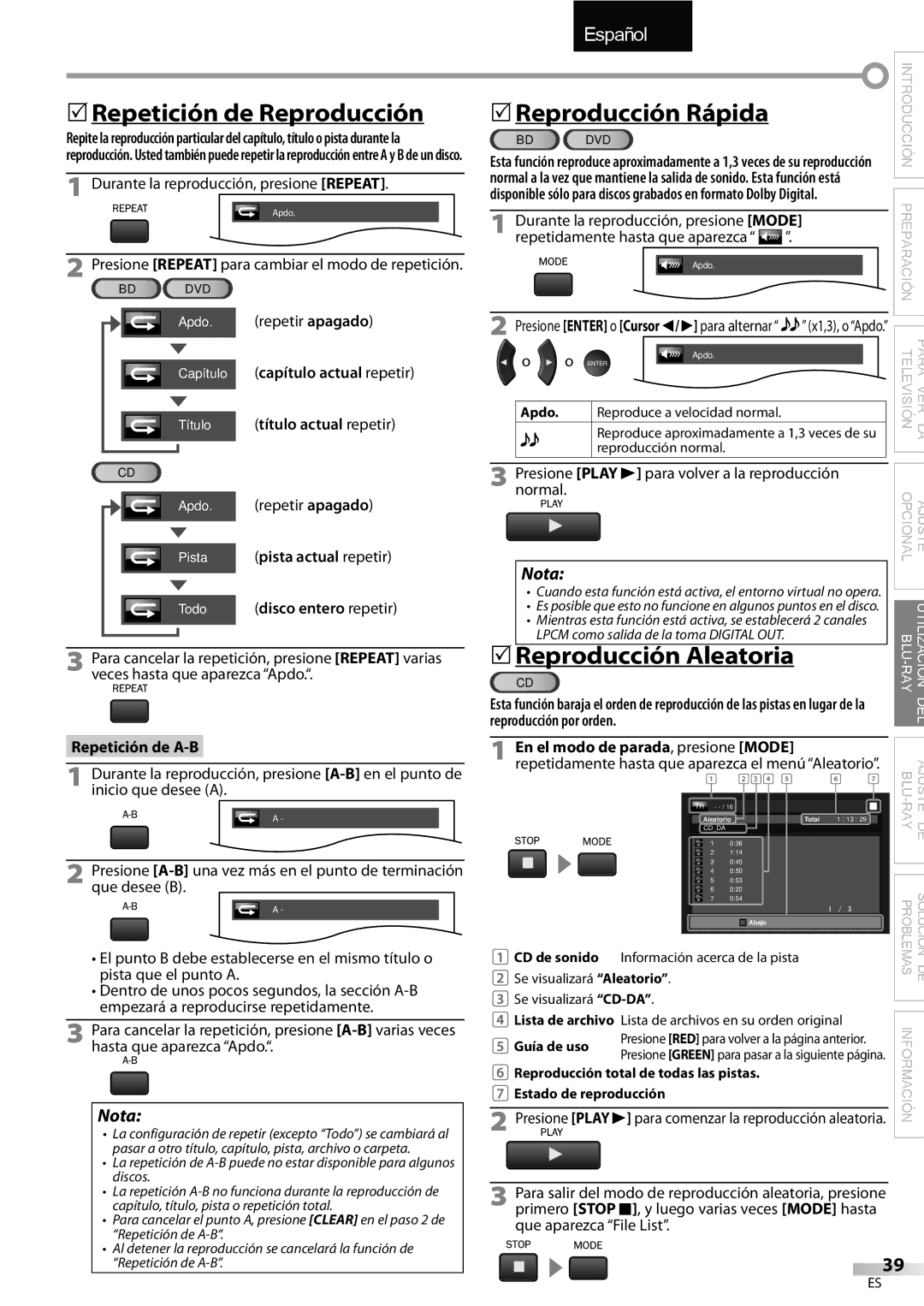 Sylvania LD427SSX owner manual 5Repetición de Reproducción, Reproducción Rápida, Reproducción Aleatoria, Mode 