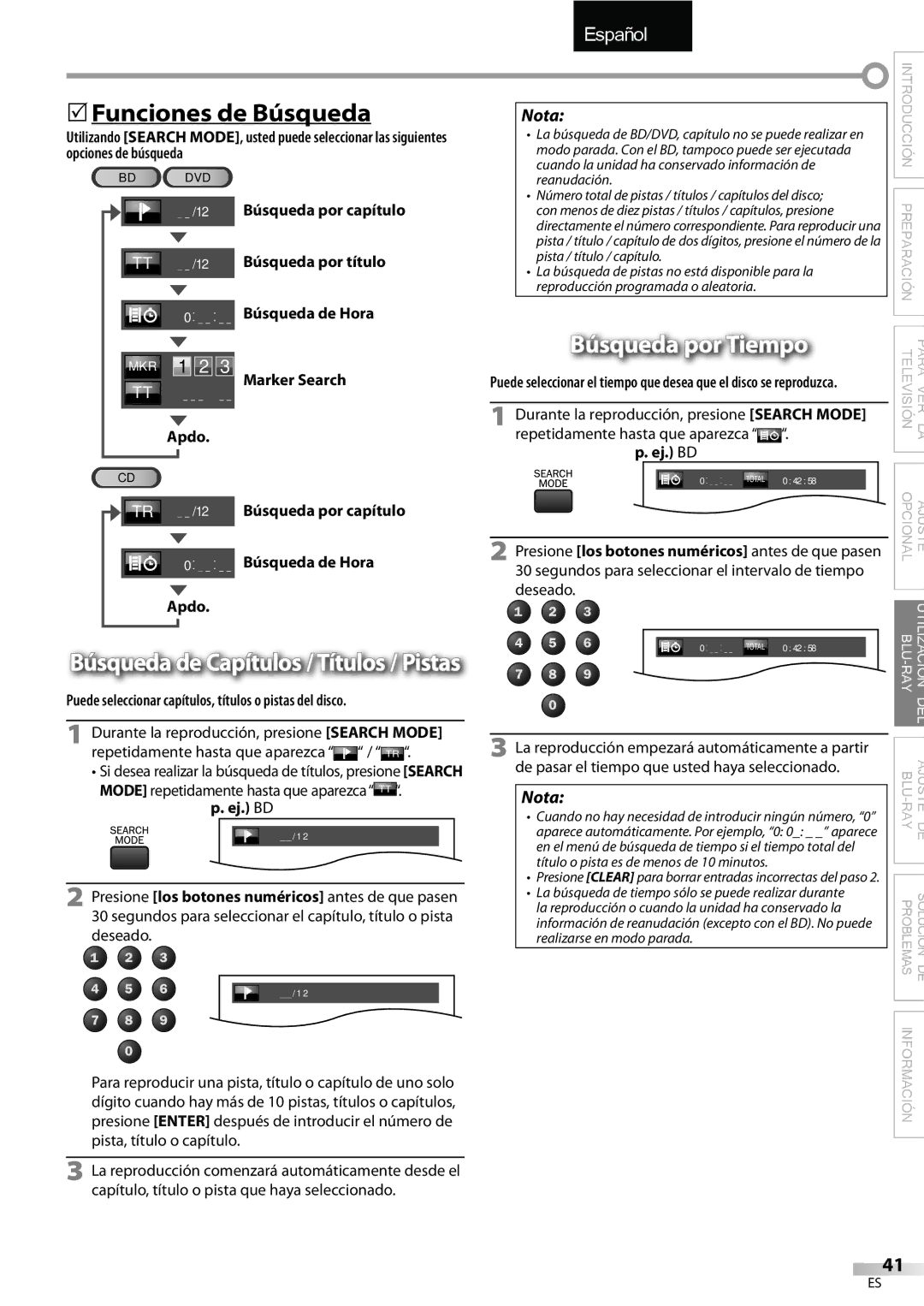 Sylvania LD427SSX owner manual 5Funciones de Búsqueda, Búsqueda por Tiempo 