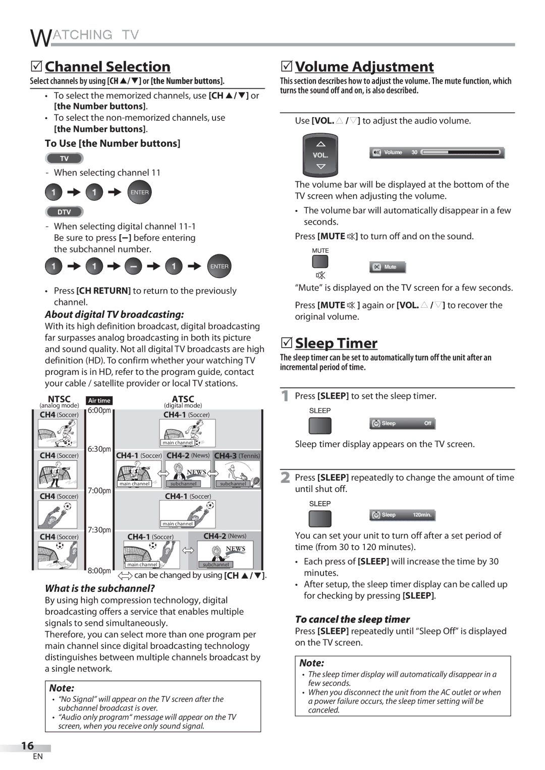 Sylvania LD427SSX owner manual  Channel Selection,  Volume Adjustment,  Sleep Timer, To Use the Number buttons 