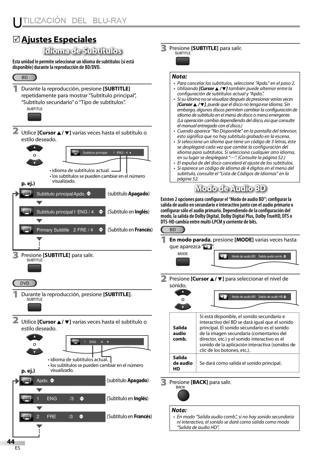 Sylvania LD427SSX owner manual 5Ajustes Especiales, Idioma de Subtítulos, Modo de Audio BD, Presione Subtitle para salir 