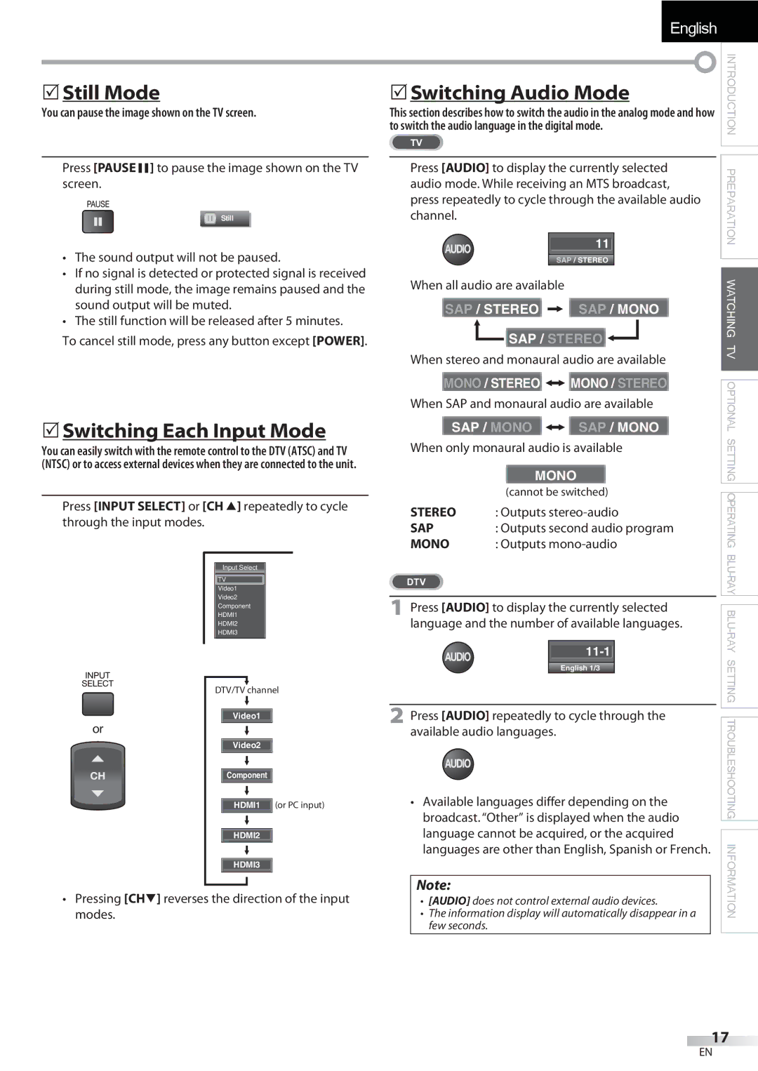 Sylvania LD427SSX owner manual  Still Mode,  Switching Each Input Mode, Switching Audio Mode 