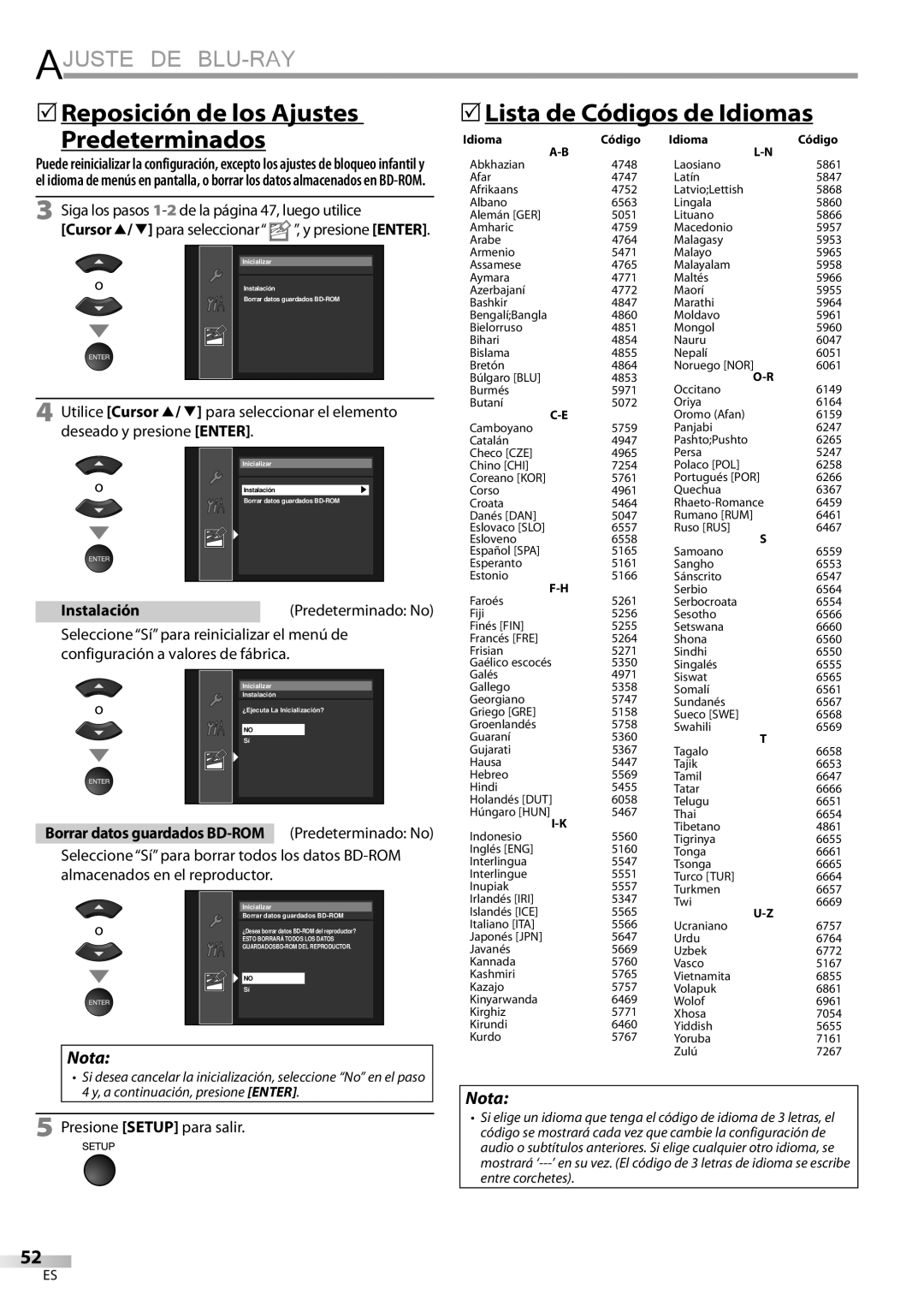 Sylvania LD427SSX owner manual InstalaciónPredeterminado No, Borrar datos guardados BD-ROM Predeterminado No 