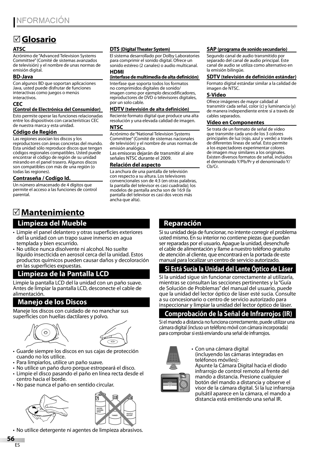 Sylvania LD427SSX owner manual Información, Glosario, Mantenimiento, Cec 