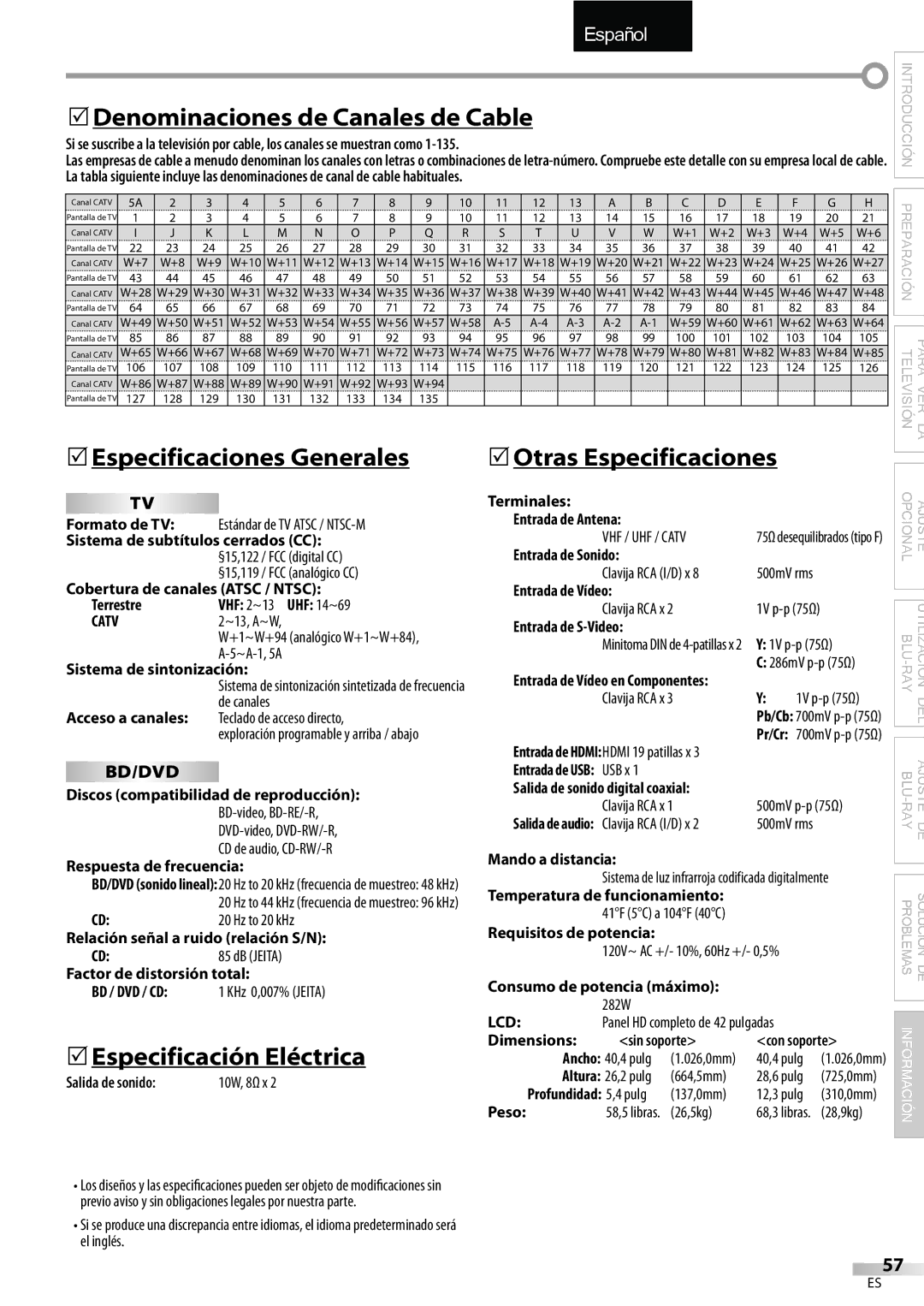 Sylvania LD427SSX owner manual 5Denominaciones de Canales de Cable, 5Especificaciones Generales, 5Especificación Eléctrica 