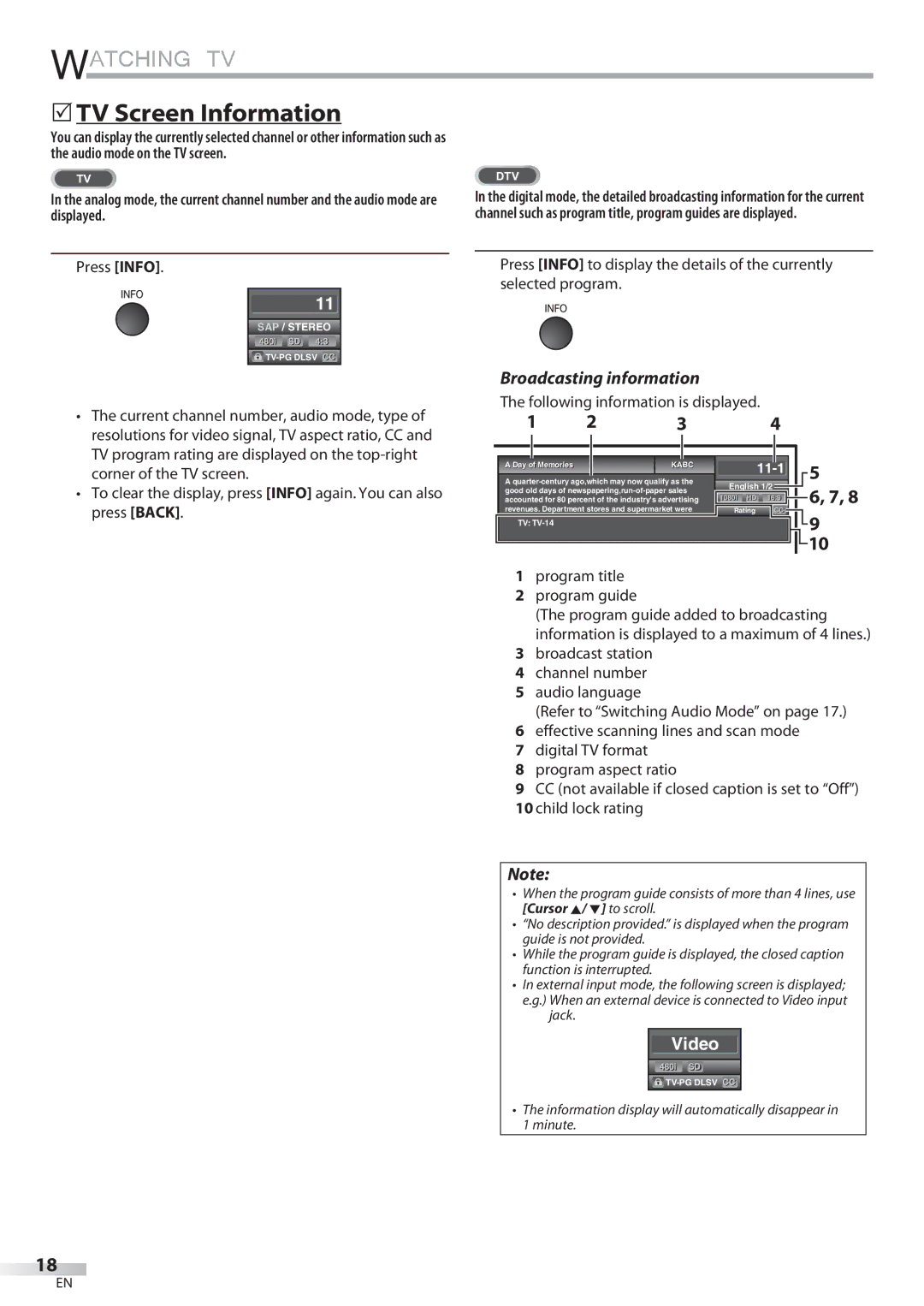 Sylvania LD427SSX  TV Screen Information, Press Info, Following information is displayed, Program title Program guide 