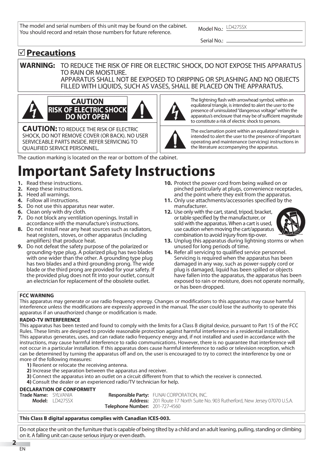 Sylvania LD427SSX owner manual  Precautions, Do not Open 