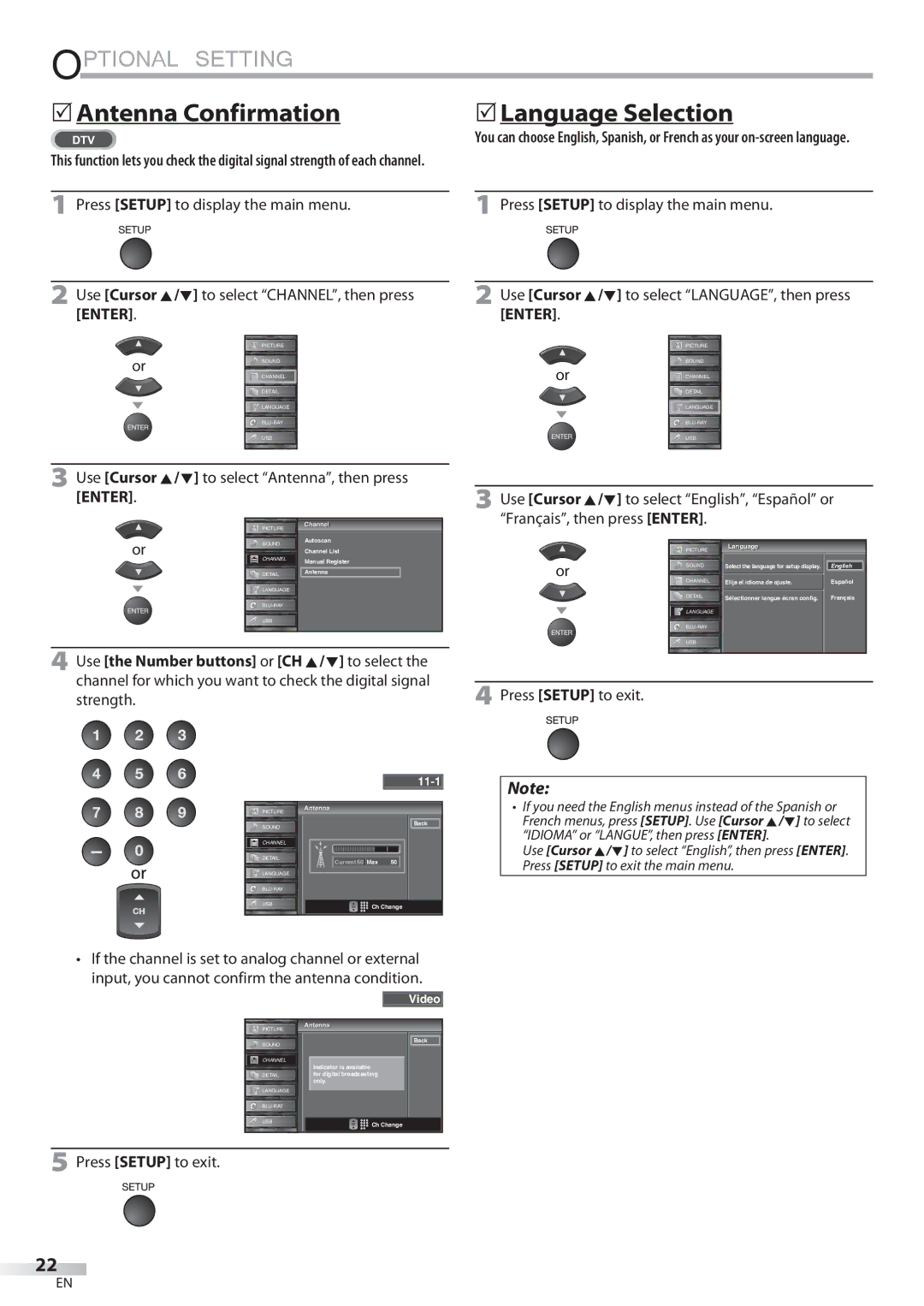 Sylvania LD427SSX owner manual Antenna Confirmation, Use Cursor K/L to select Antenna, then press, Language 