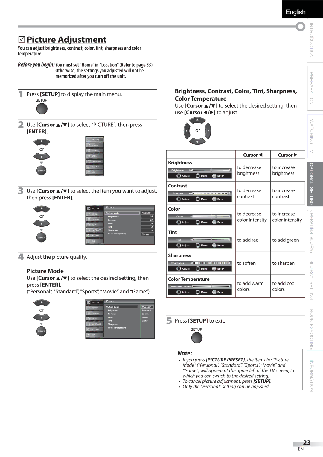 Sylvania LD427SSX  Picture Adjustment, Picture Mode, Brightness, Contrast, Color, Tint, Sharpness, Color Temperature 