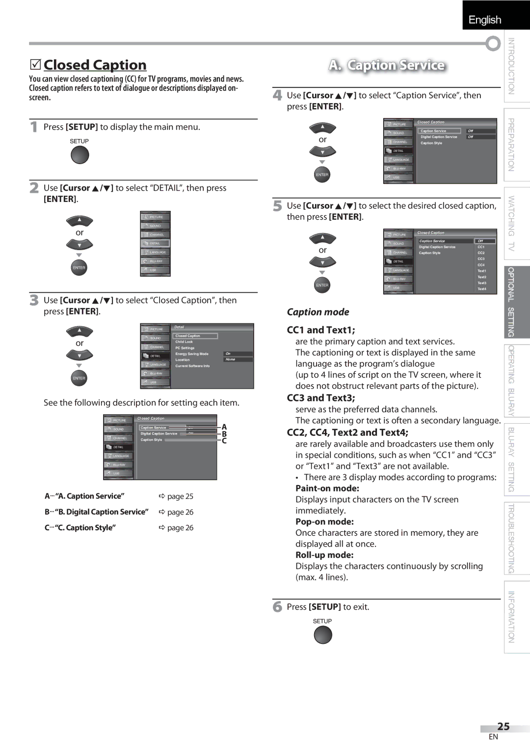 Sylvania LD427SSX owner manual  Closed Caption, Caption Service, CC1 and Text1, CC3 and Text3, CC2, CC4, Text2 and Text4 