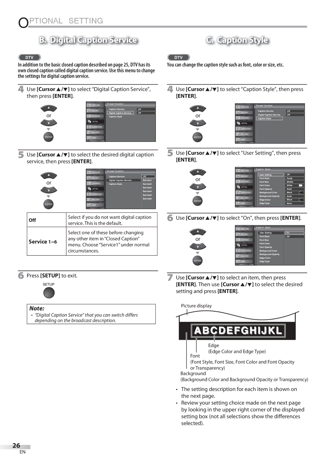 Sylvania LD427SSX Digital Caption Service, Use Cursor K/L to select Caption Style, then press Enter, Service 1~6 